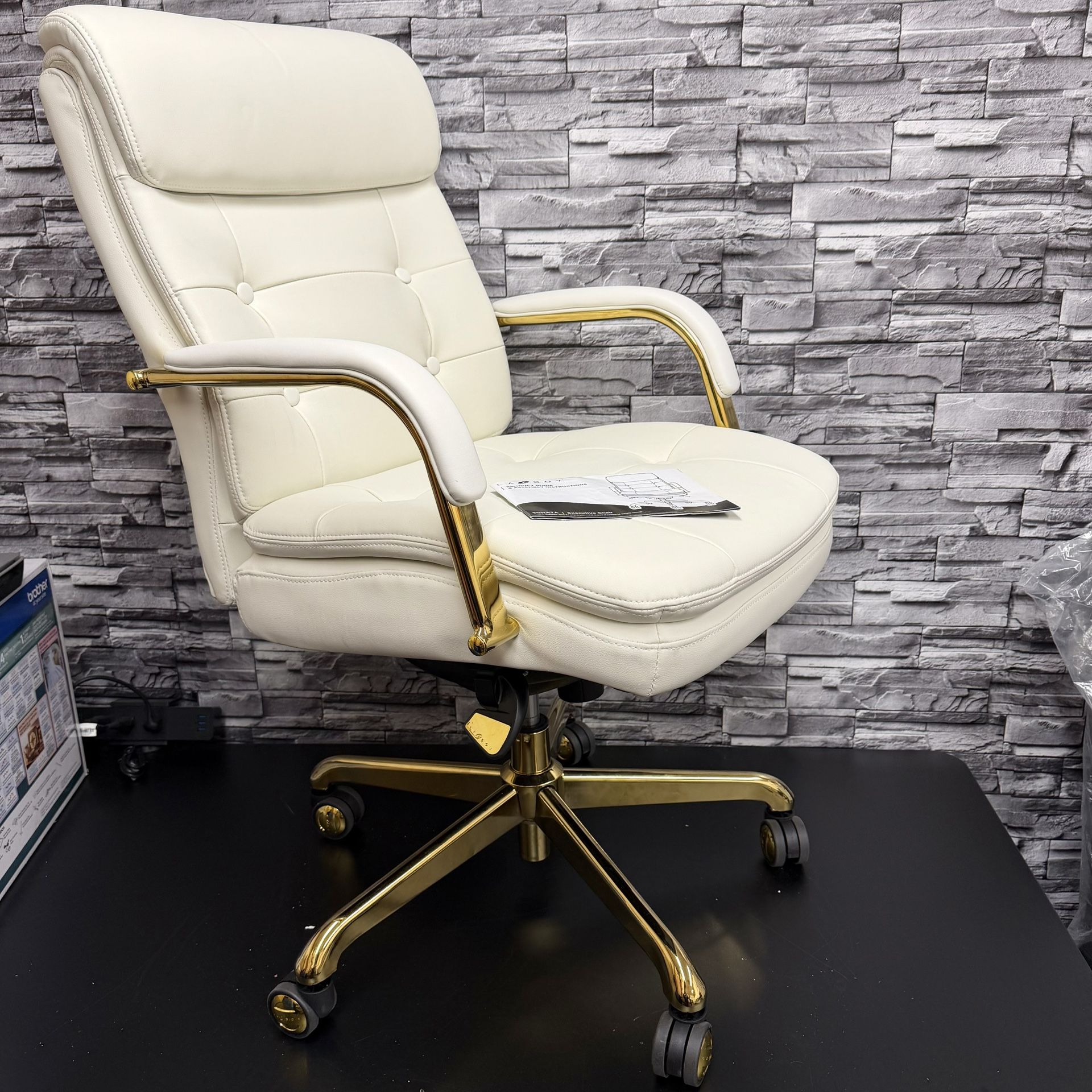 La-Z-Boy Sonata Ergonomic Bonded Leather Swivel Executive Chair, White and Gold