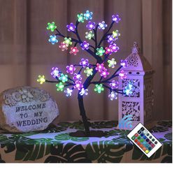 Cherry Blossom Tree Lamp 1.5ft Artificial Tree with 40 LED 16 RGB Lighting Mode Table Lamp, Remote Control for Home Party Festival Wedding Kitchen Dec