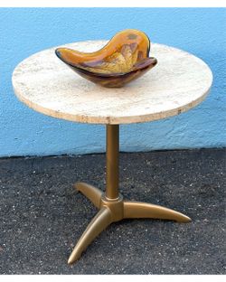 Mid century Hollywood Regency style travertine top metal tripod base end table