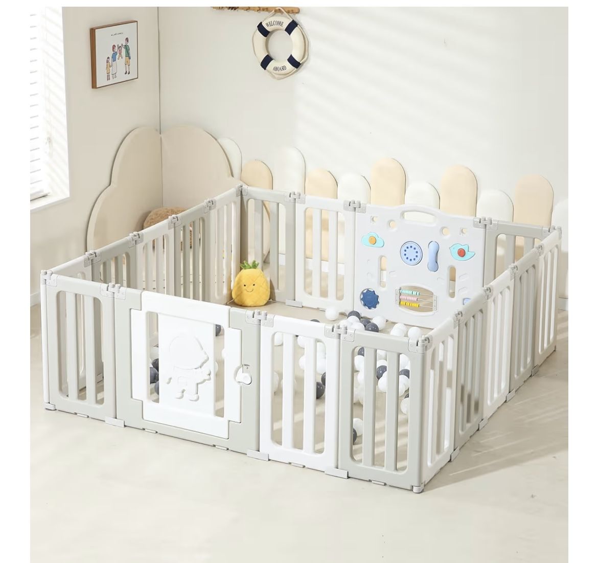 Used - Baby Play Pen, Foldable Play Pens for Babies and Toddlers, 18 Panels Extra Large Portable Astronauts Baby Gate Playpen Yard - Grey