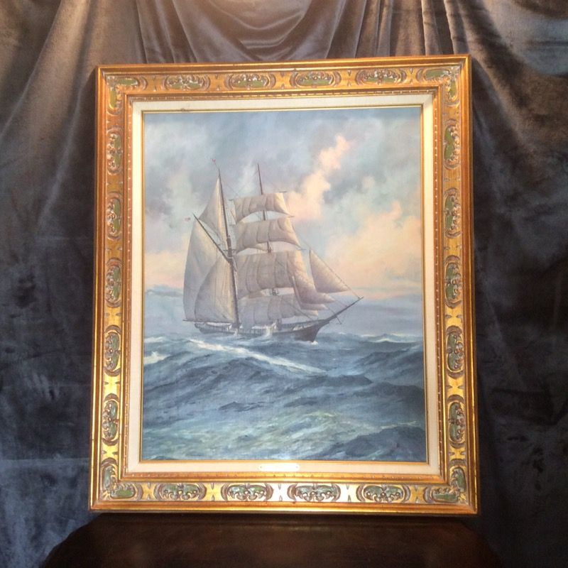 Vintage Clipper Ship Canvas Oil Painting Original By G. Branan Ward