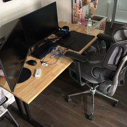 2 Gaming Monitors, Butcher Block Desk And Hbada Chair