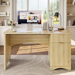 Bestier 47 inch Fluted Computer Desk with Drawer, Office Desk with File Cabinet, Modern Wood Desk