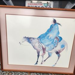 Large art print Carol Grigg Cherokee artist Crow Warrior framed and matted Great condition.

This is great print from beloved self-taught Native artst