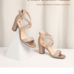 IDIFU Women's IN3 Grace Strappy Block Heels Sandals Comfy Open Toe Chunky Dress Wedding Shoes with Adjustable Cross Strap 10

