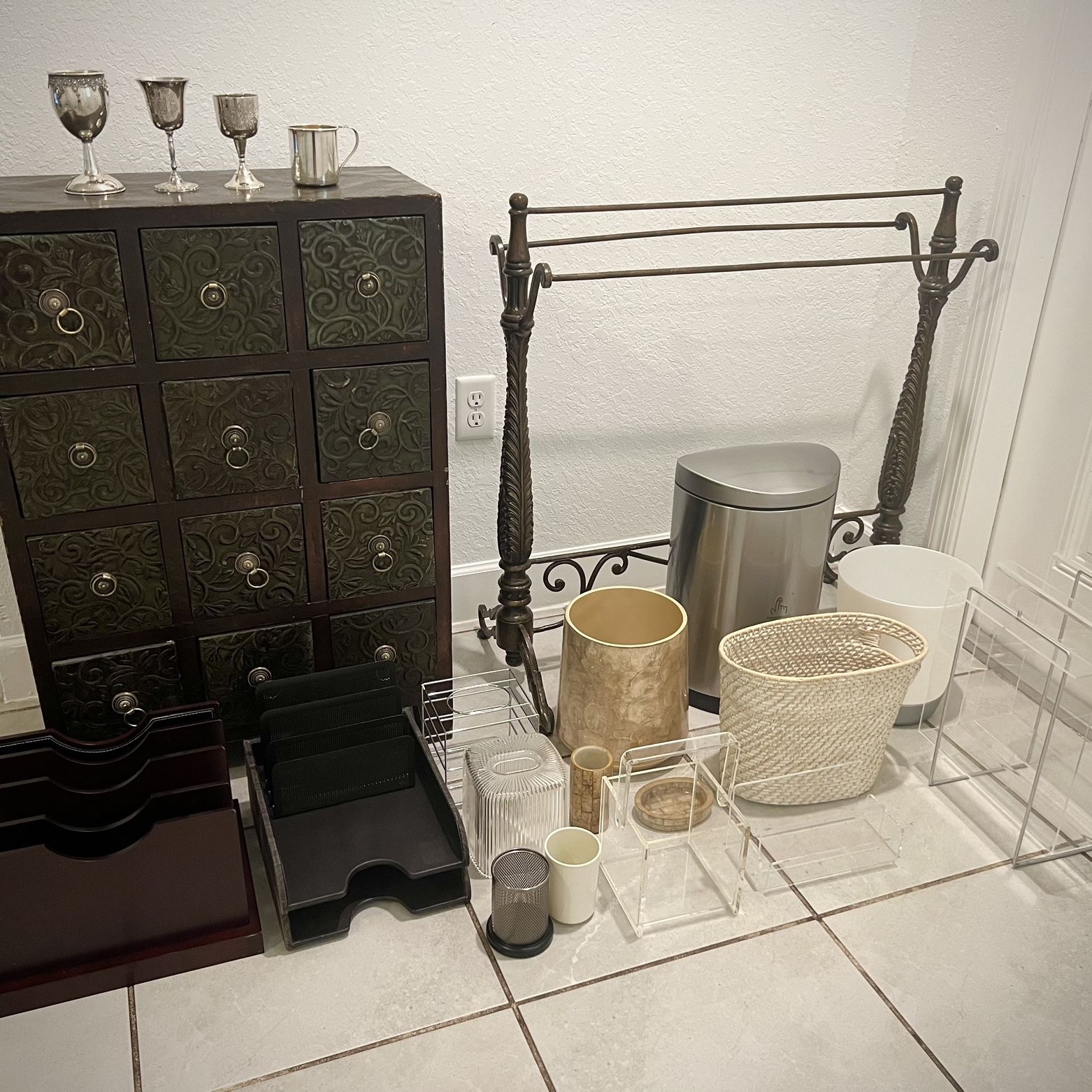 CABINET + CLOTHES RACK + JUDAICA CUPS + BINS + PAPER ORGANIZERS