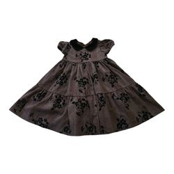 Laura Ashley London Girls Dress Size 4 Brown Plaid Black Velvet Collar & Flowers