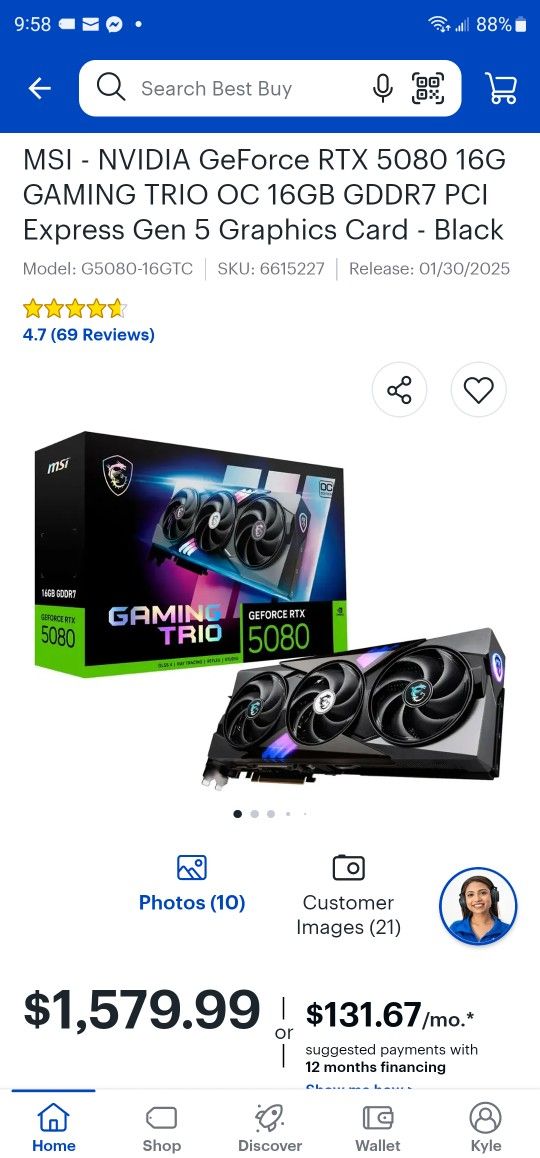 RTX 5080 MSI NVIDIA GeForce 16G
GAMING TRIO OC 16GB GDDR7 PCI
Express Gen 5 Graphics Card Black