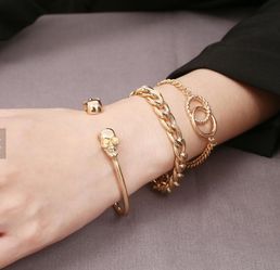 Punk Hyperbole Style Cuban Chain Cuff Alloy 3pcs/set Skull Bracelet for Women