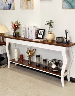 70.9 Inches Extra Long Sofa Table Behind Couch, Vintage Console Entry Table with 2-Tier Storage for Hallway, Entryway, Living Room, White & Brown