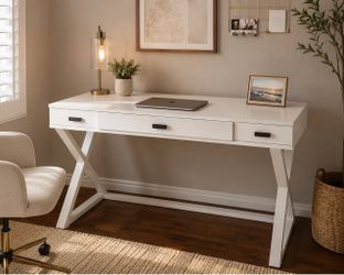 White Home Office Desk with Drawers + Keyboard Tray