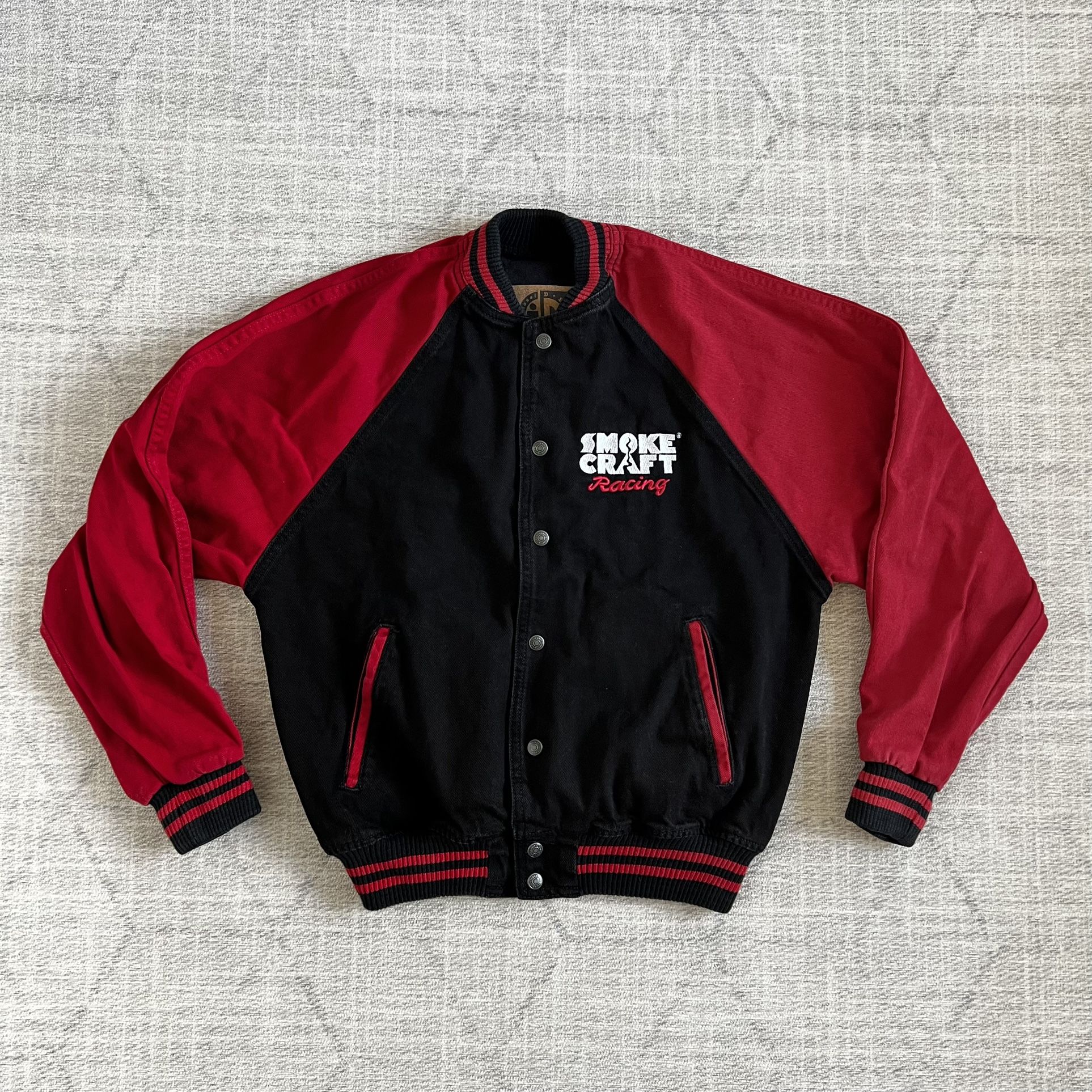 Vintage 1990s Smoke Craft Beef Jerky Monster Truck Racing Button Bomber Jacket