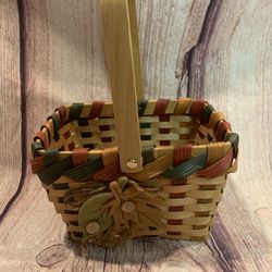 Fall Themed Handled Baskets Multicolor Woven Wood Leaf Button Ribbon Decor