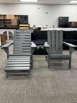 Set of 2, One folding chair with retractable ottoman and dual cup holders, and one standard chair without ottoman. Made from durable HDPE wood texture