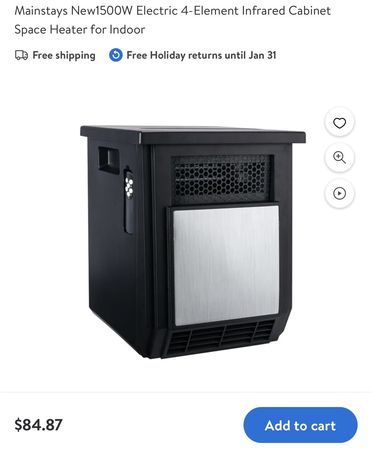 Mainstays New150OW Electric 4-Element Infrared Cabinet Space Heater for Indoor