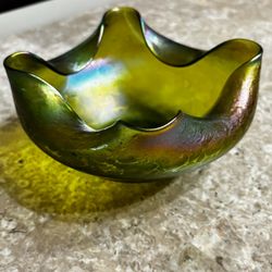 Antique Loetz Crete Iridescent Glass Bowl 3.5”x7.5”