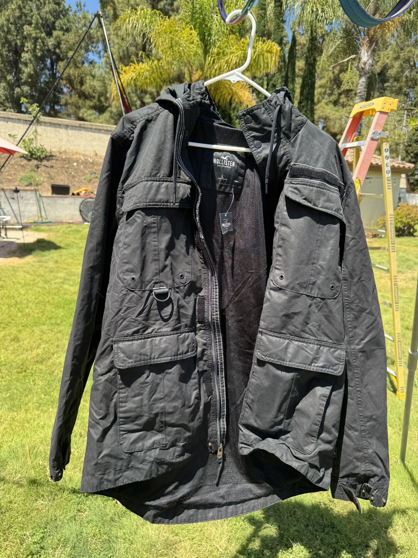 New Hollister All-Weather Jacket Mens Large Black Hooded Full Zip Waterproof Rain