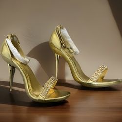 Celeste Gold Metallic Stiletto Heels Rhinestone Strappy Sandals Size 10 Open Toe Dressy Party Heels