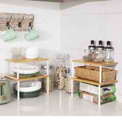 SONGMICS Cabinet Organizer Shelf, Set of 4 Kitchen Counter Shelves, Kitchen Storage, Spice Rack, Stackable, Expandable, Metal and Engineered Wood, Clo