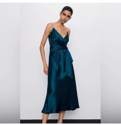 Zara Satin Green shimmery Rhinestone V neck Straps cocktail/ party/ night out Dress/ XS