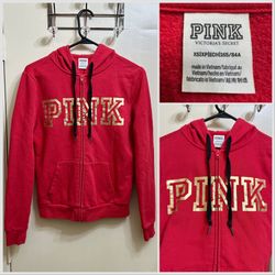 Victoria’s Secret P I N K campus fleece full zip hoodie in red with gold logo size XS