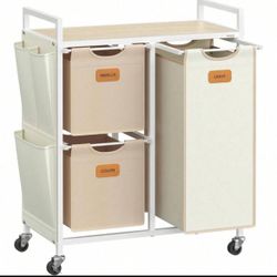 Laundry Hamper With 3 Compartments, 26.4 Gal. (100 L) Laundry Sorter, Rolling Laundry Cart With Shelves, Small Side Pockets, 6 Labels, Natural Beige, 