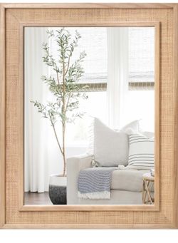 Tunjig Rattan Wall Mounted Mirror 24"x32" Wood Framed Farmhouse Hanging Bathroom Mirror Decorative Rectangle Wall Mirror Leaning Against for Bedroom
