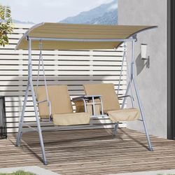 2 Person Metal Patio Swing with Stand, Outdoor Swing with Canopy, Pivot Storage Table, 2 Cup Holders, Cushions