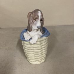 Vintage Lladro Dog Basset Puppy In Basket #1128