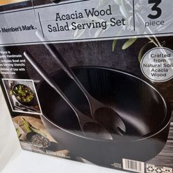 Members Mark Acacia Wood Three Piece Salad Bowl Set Black