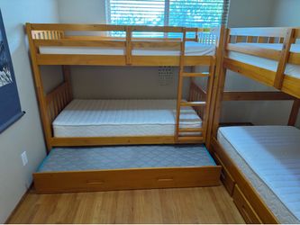 All Wood Twin Bunk Bed with Trundle Rarely Used Excellent Condition