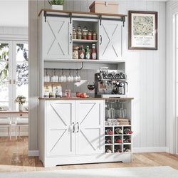 Farmhouse Kitchen Pantry Cabinet Coffee Bar Wine Cabinet w/ Sliding Barn Doors