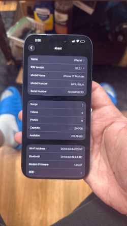 17 Pro max (AT&T Locked) 258 GB No iCloud