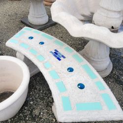 Concrete Mosaic Tile Inlay Curved Benches / Cement Garden Patio Bench / Outdoor Patio Furniture