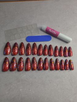 Red, Blue & Gold Glitter Medium Length Oval Tip Nail Kit
