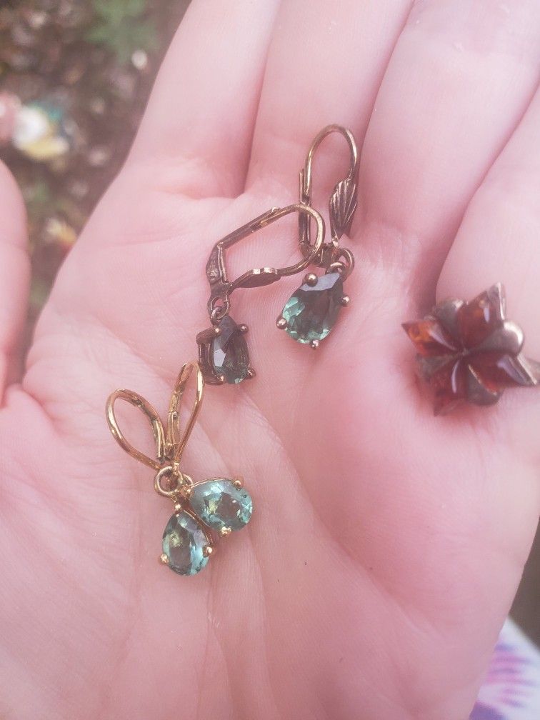 .925 Silver, Sterling With Gold Plate Earrings Vintage Amber Ring