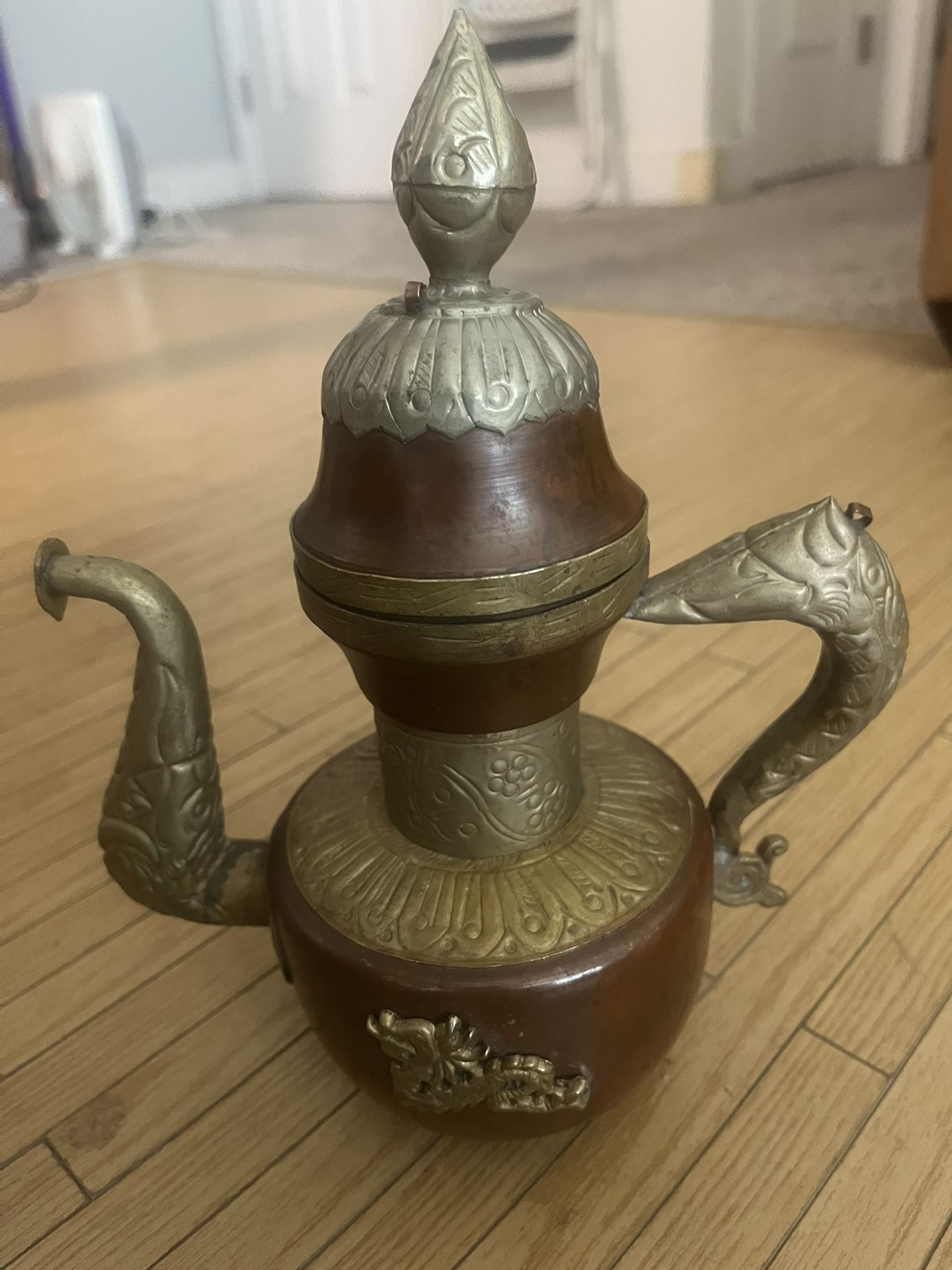 Antique Copper And Brass Dragon Teapot 9”