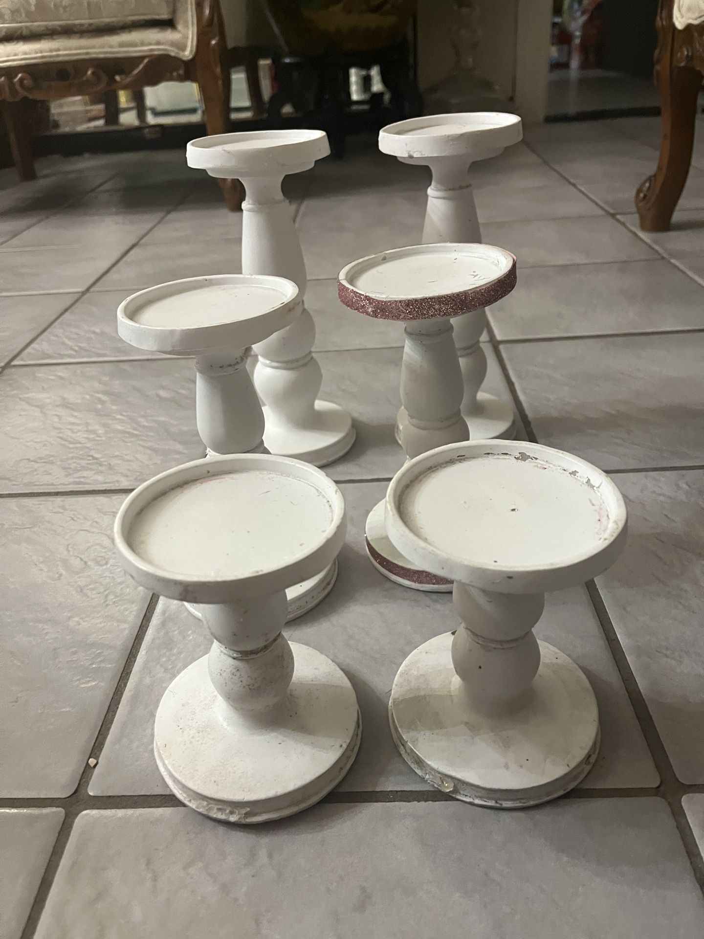 Set of 6 White Candle Holders-approx Lg H9”W3.5” Med H7” W3.5” Sm H5”W3.5”
