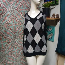 Merona Checkered Cotton V-Neck Sweater, Size M