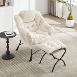 Beige Lazy Chair With Ottoman, Modern Lounge Accent Chair With Armrests And A Side Pocket [NEW]