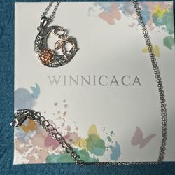 WINNICACA 2 Flamingos and Rose Moon 925 Sterling Silver 18” & 2” extender.