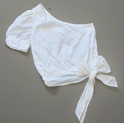 DO+BE Women’s White Eyelet One Shoulder Puff Sleeve Crop Top Size S Runs Small