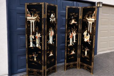Chinese Black Lacquer 4-Panel Room Divider Screen