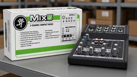 Mackie Mix5 5-channel Mixer 5-channel Mixer with 1 Mic Preamp, 2 Stereo Channels, and EQ XLR 1/4" RCA Inputs