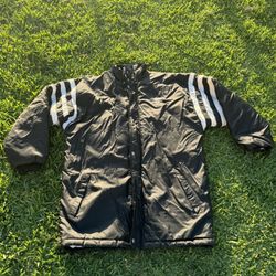 Vintage Adidas Men's Long Puffer Jacket Size Lg Tri foil Full Zip Black Retro
