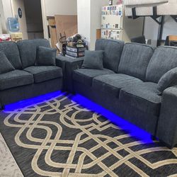 New Blue Chenille Fabric Couch / Love Seat With LED Lights.  Free Delivery!