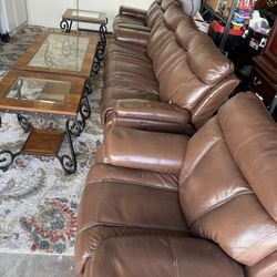 Leather Couch with Coffee & Side Tables
