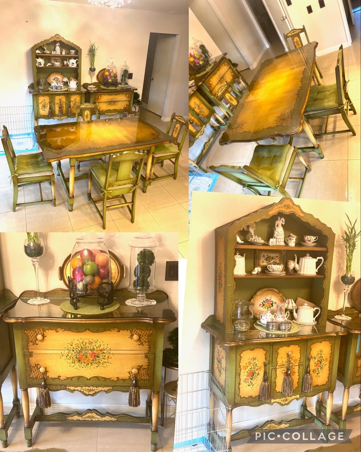 🌹 7p  Antique VIntage french COTTAGE China CABineT Table CHairs DisPLAY CuriO