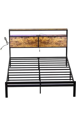 Queen Bed Frame with Storage Headboard LED Lights Metal Platform