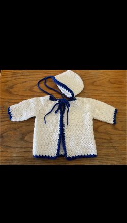 Baby Crochet Knit White & Blue Sweater & Bonnet Set Size 12-18M